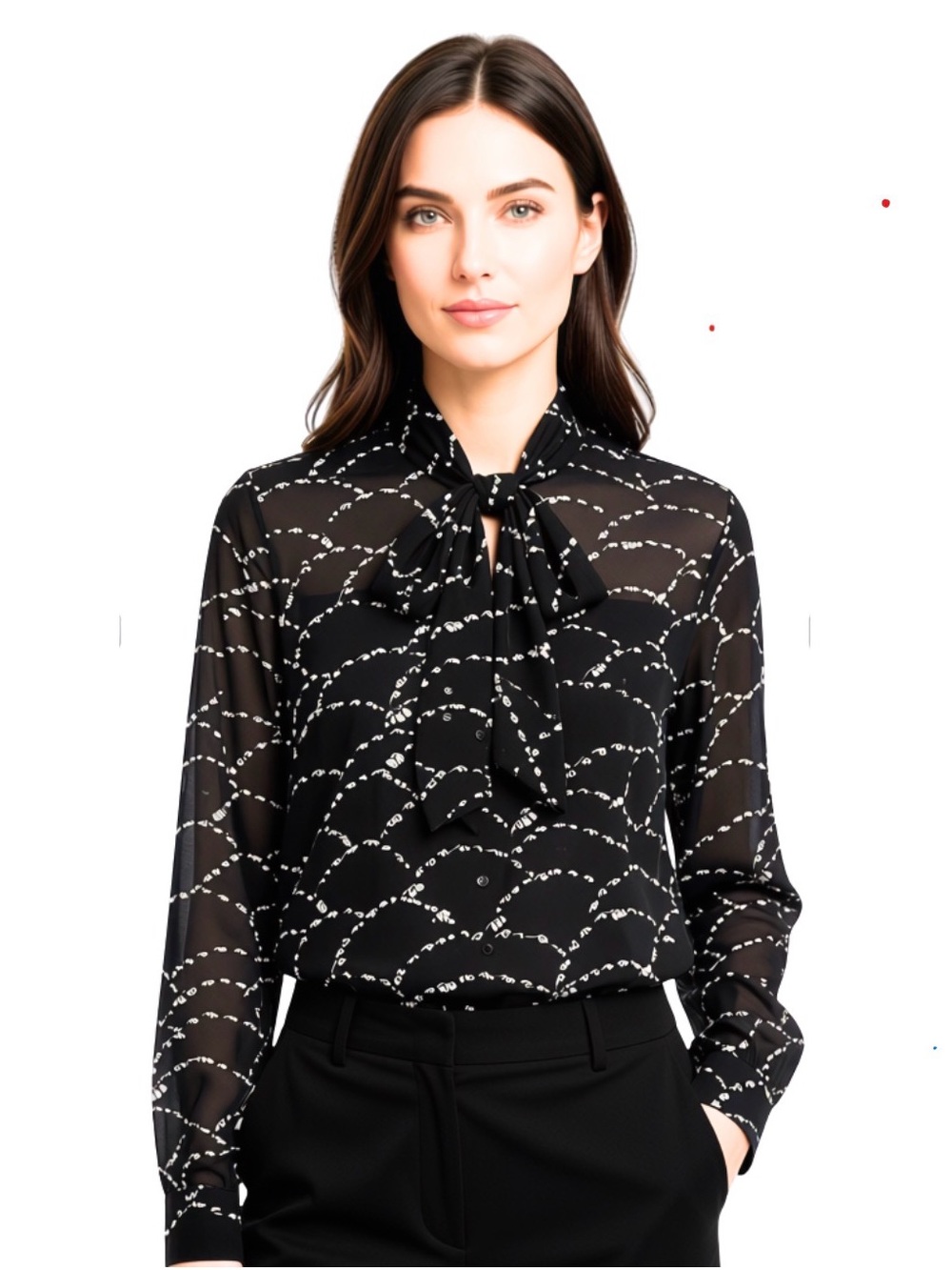 Ann Taylor Black Tie-Neck Printed Blouse - Feminine Bow Style Professional Top